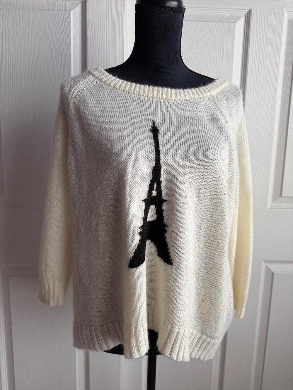 Wooden Ships Ivory Scoop-Neck Sweater with Black Eiffel Tower Motif